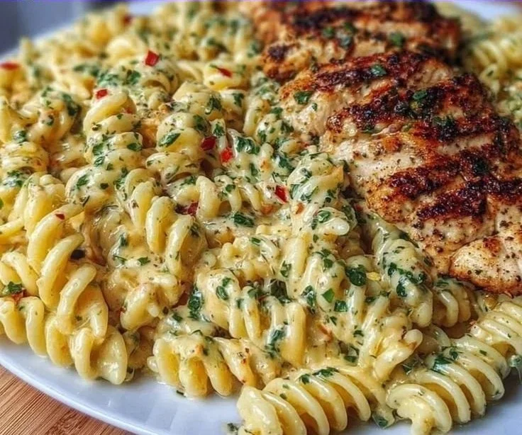 A delicious bowl of creamy chicken pasta garnished with herbs and parmesan