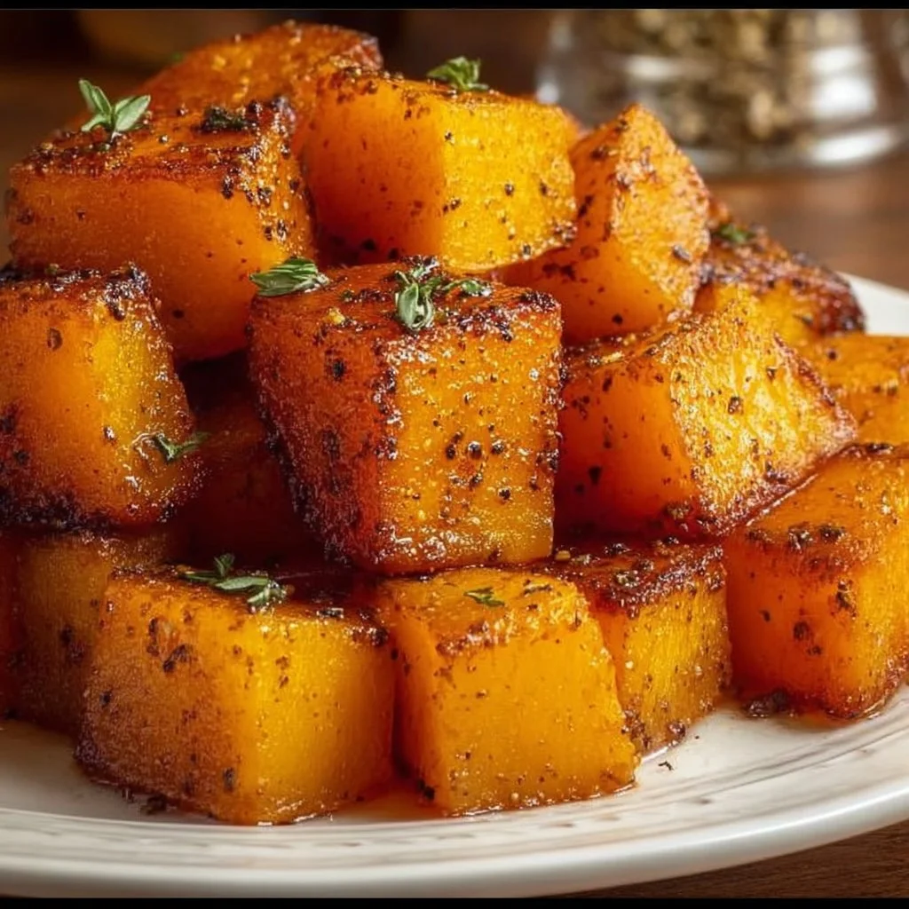 Delicious brown sugar roasted butternut squash in a serving dish