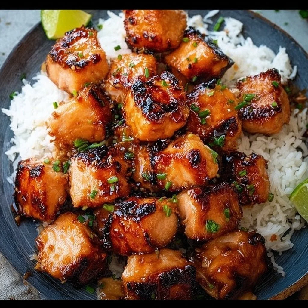 Delicious Air Fryer Bang Bang Salmon Bites served on a plate