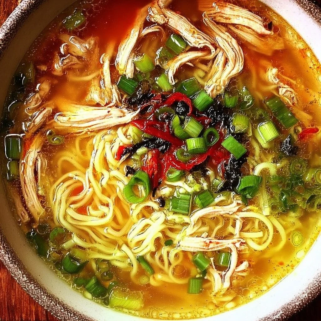 Delicious Ginger Garlic Chicken Noodle Soup served in a bowl with fresh herbs