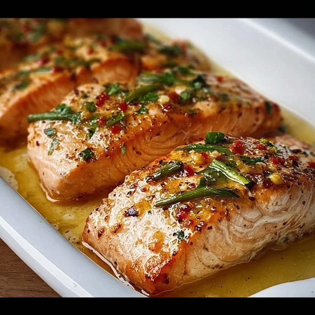 Plate of perfectly baked salmon garnished with herbs and lemon