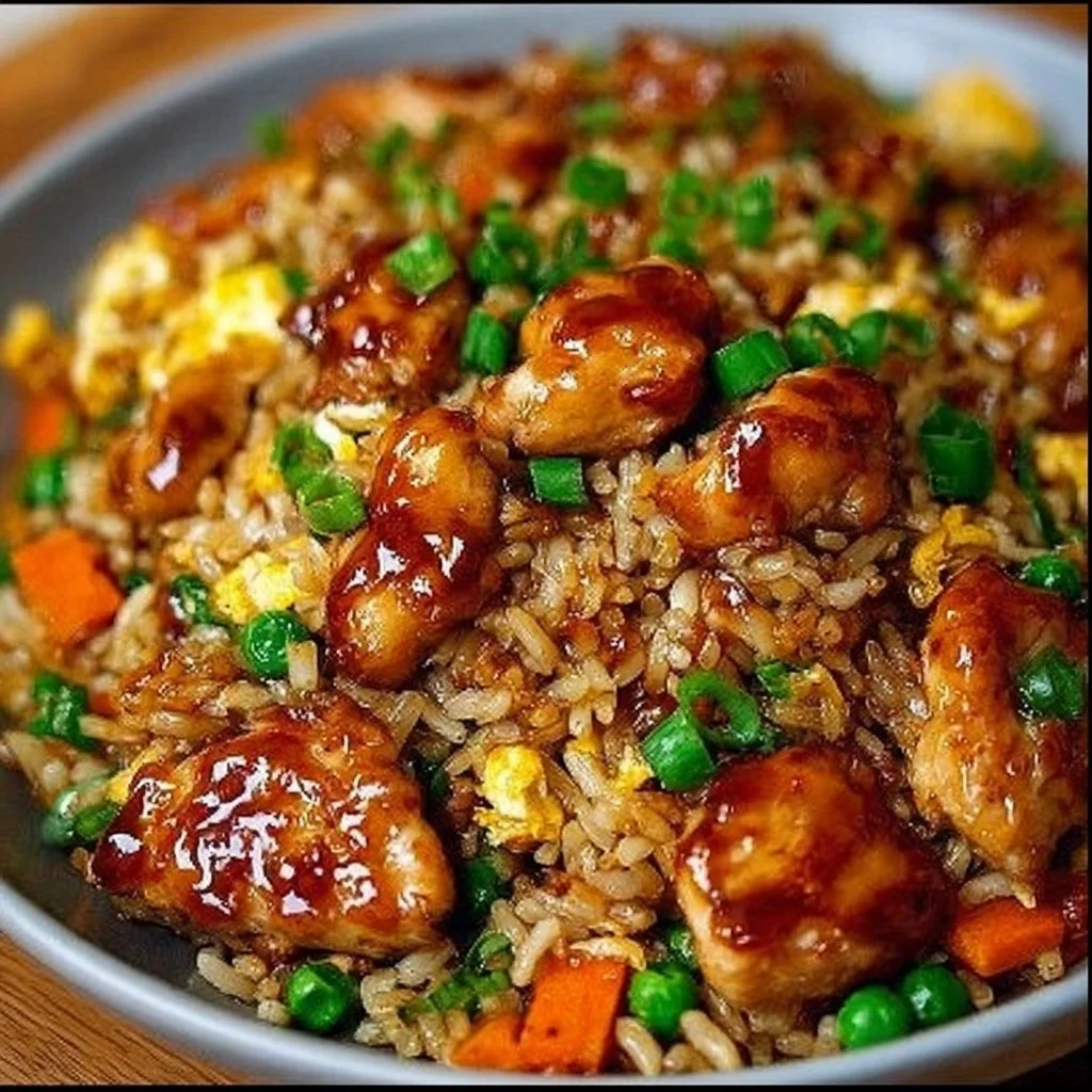 Plate of Bang Bang Chicken Fried Rice garnished with vegetables