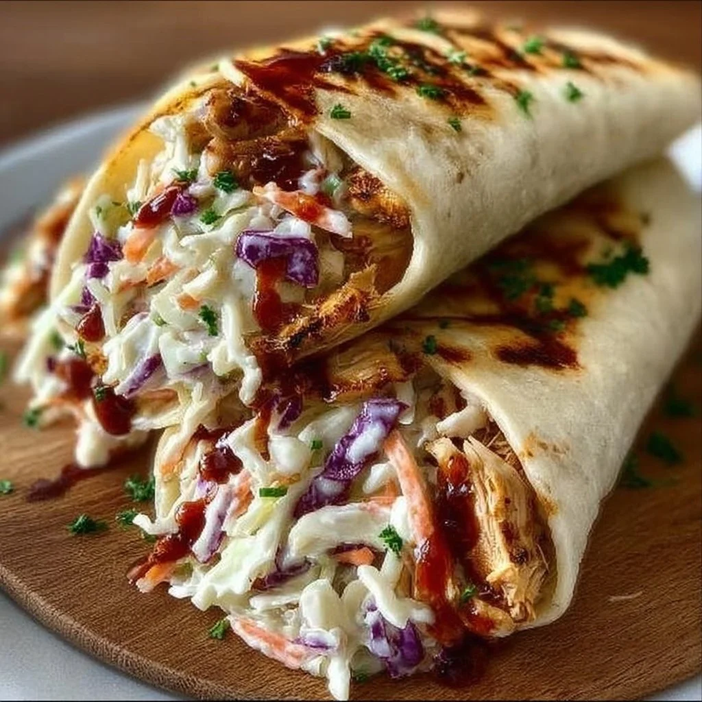 BBQ Chicken Coleslaw Wraps served on a plate with fresh ingredients
