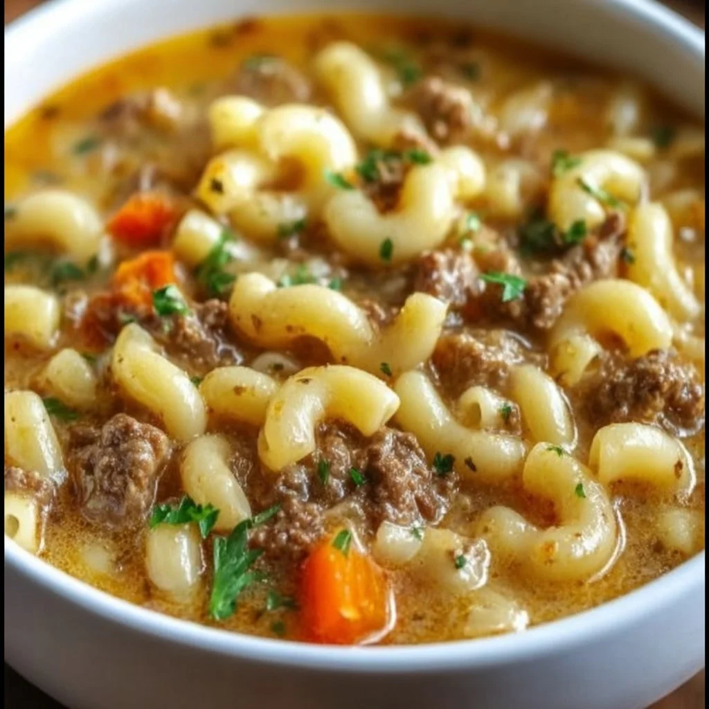One-Pot Beef and Macaroni meal served in a bowl with garnishing