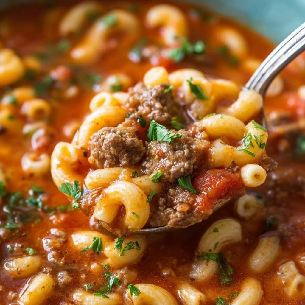 Delicious bowl of Beef and Macaroni Soup with fresh herbs and ingredients.