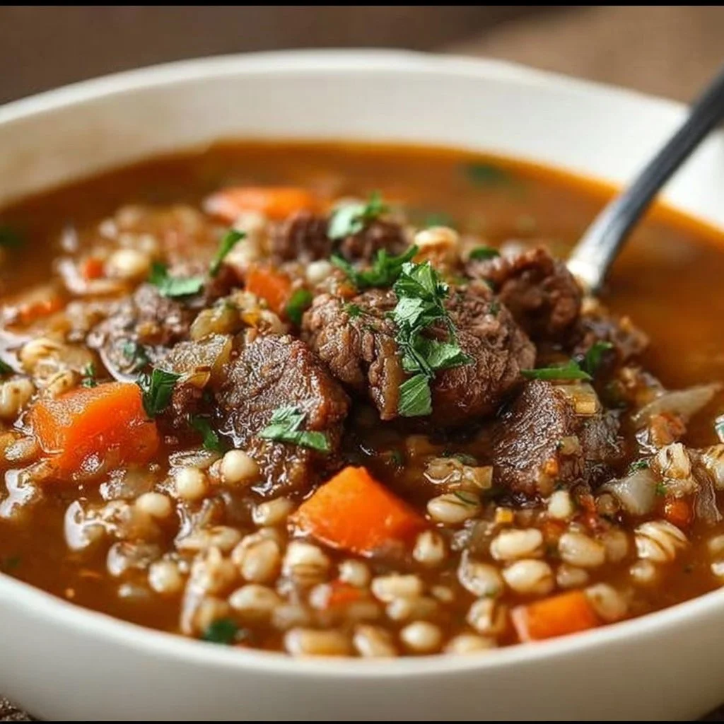 A bowl of hearty beef barley soup topped with fresh herbs