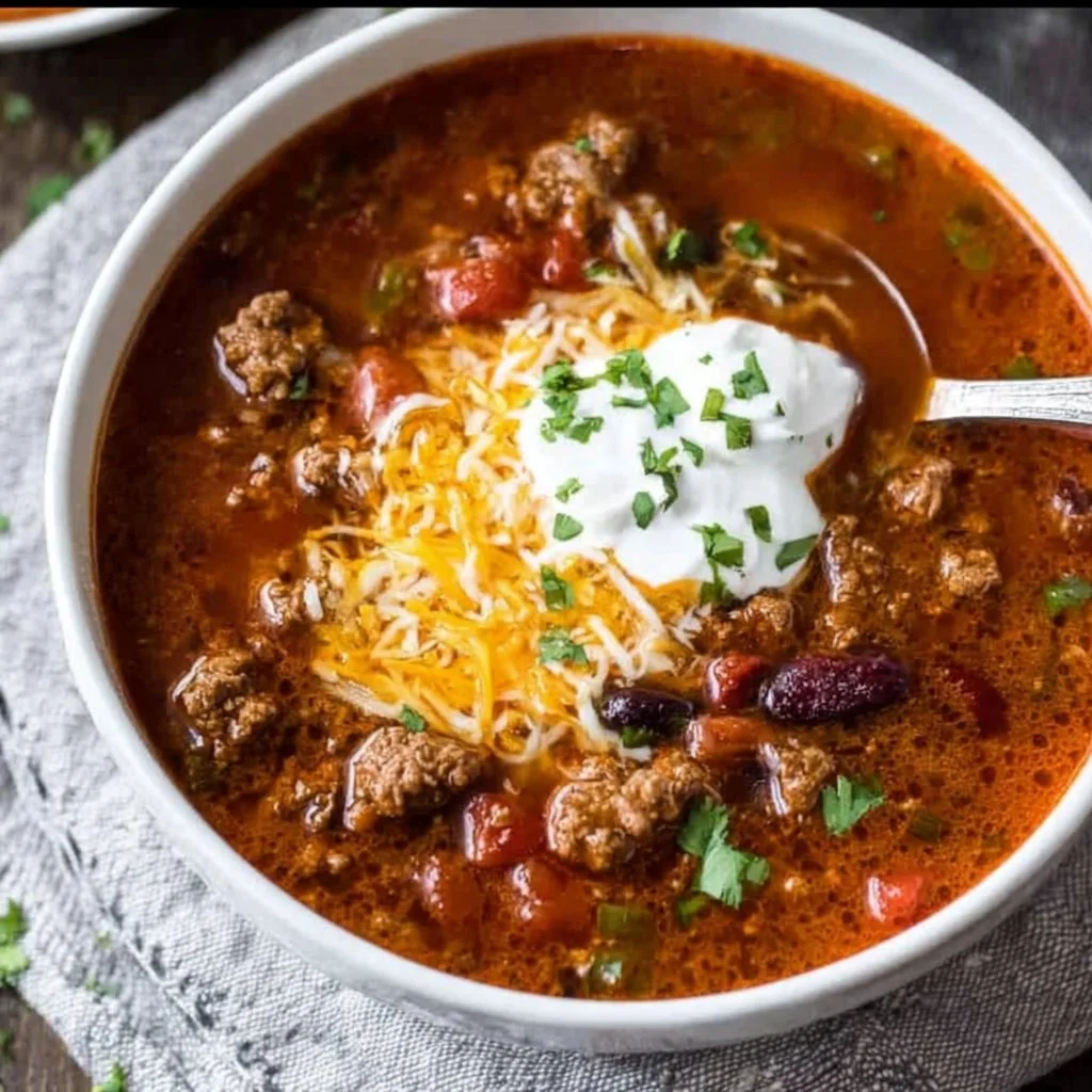 Bowl of hearty beef chili on a wooden table with fresh herbs