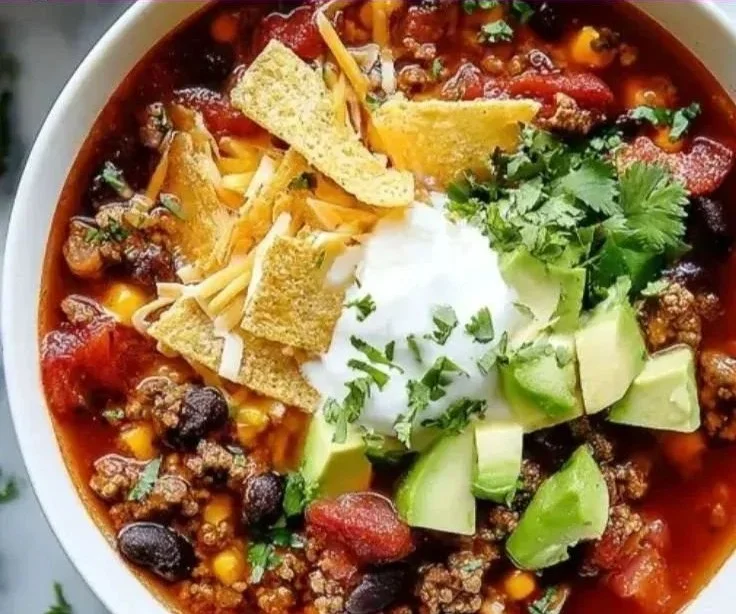 Bowl of delicious taco soup garnished with cheese and cilantro