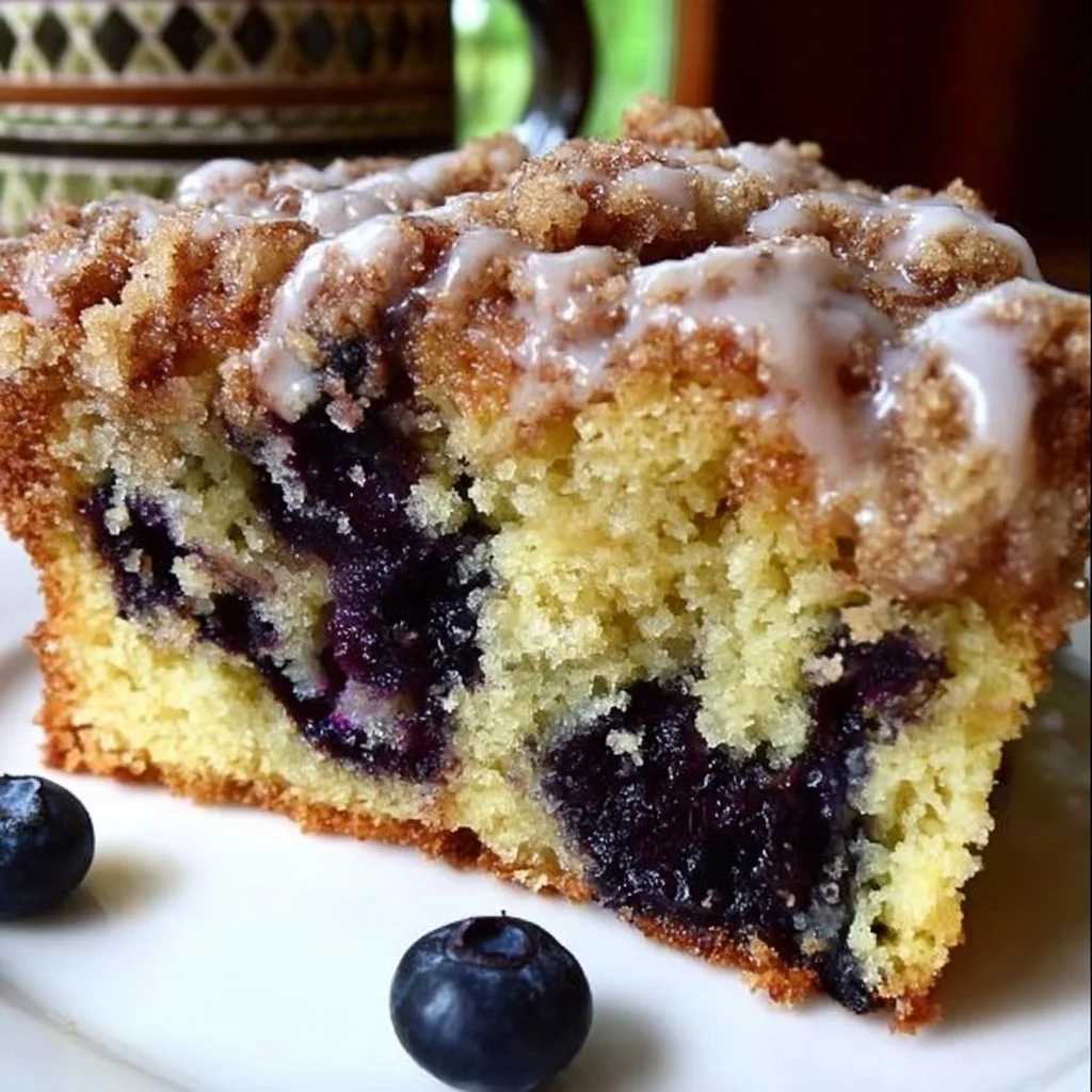 Delicious Blueberry Sour Cream Coffee Cake with a moist texture and fresh blueberries.