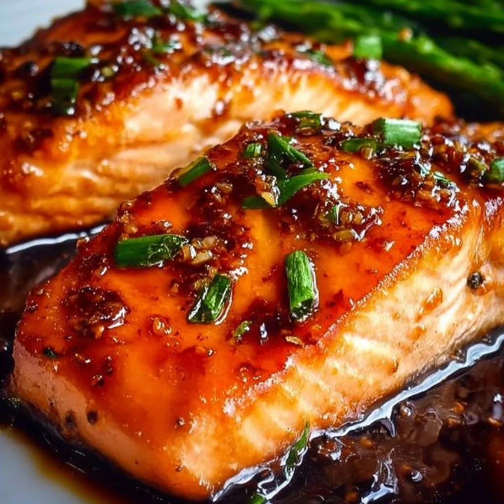 Bourbon Glazed Salmon on a plate with garnish and lemon slices