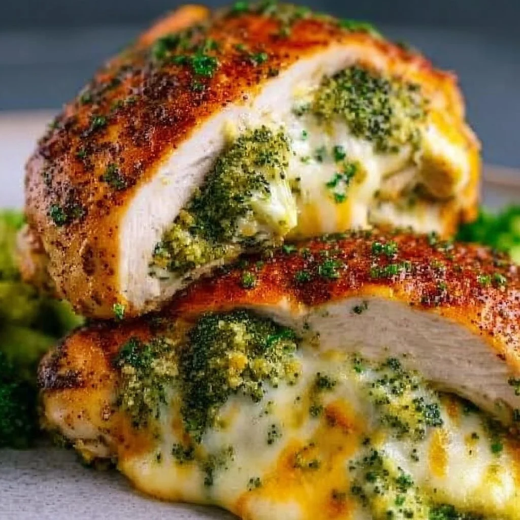 Broccoli and cheese stuffed chicken dish on a plate, garnished and ready to serve.
