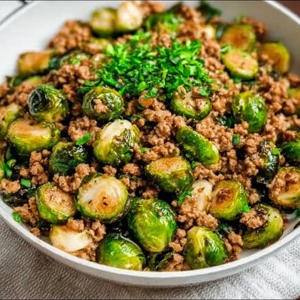 Brussels sprouts and ground turkey skillet dish garnished and served in a pan.