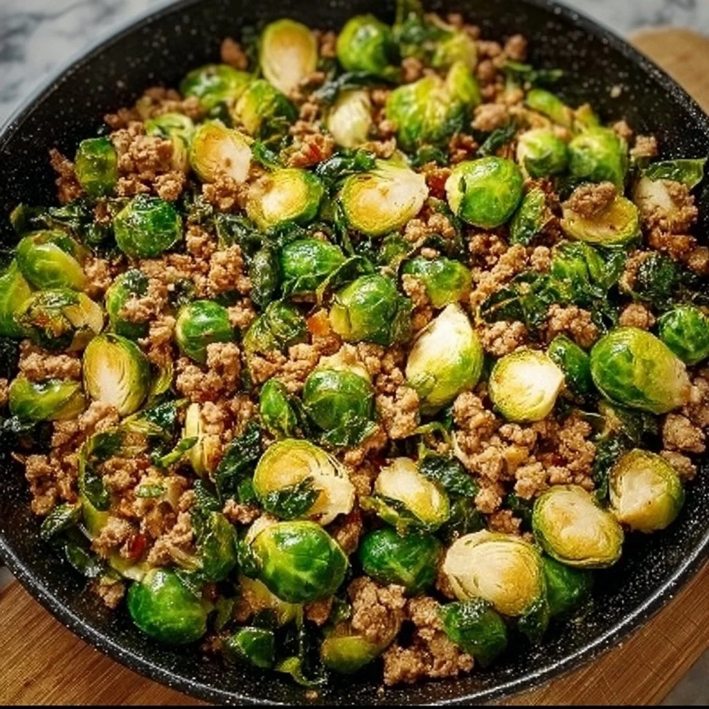 Brussels Sprouts Ground Turkey Skillet served in a pan