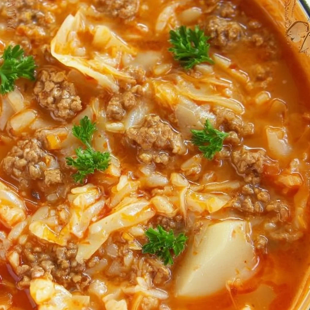 Delicious bowl of cabbage roll soup garnished with fresh herbs