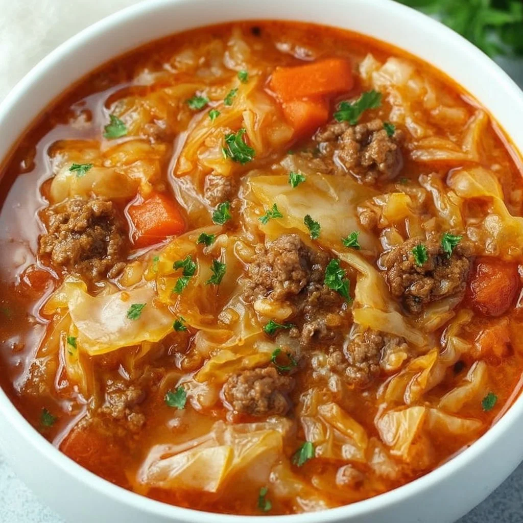 Cabbage roll soup with beef and vegetables in a bowl, perfect for dinner.