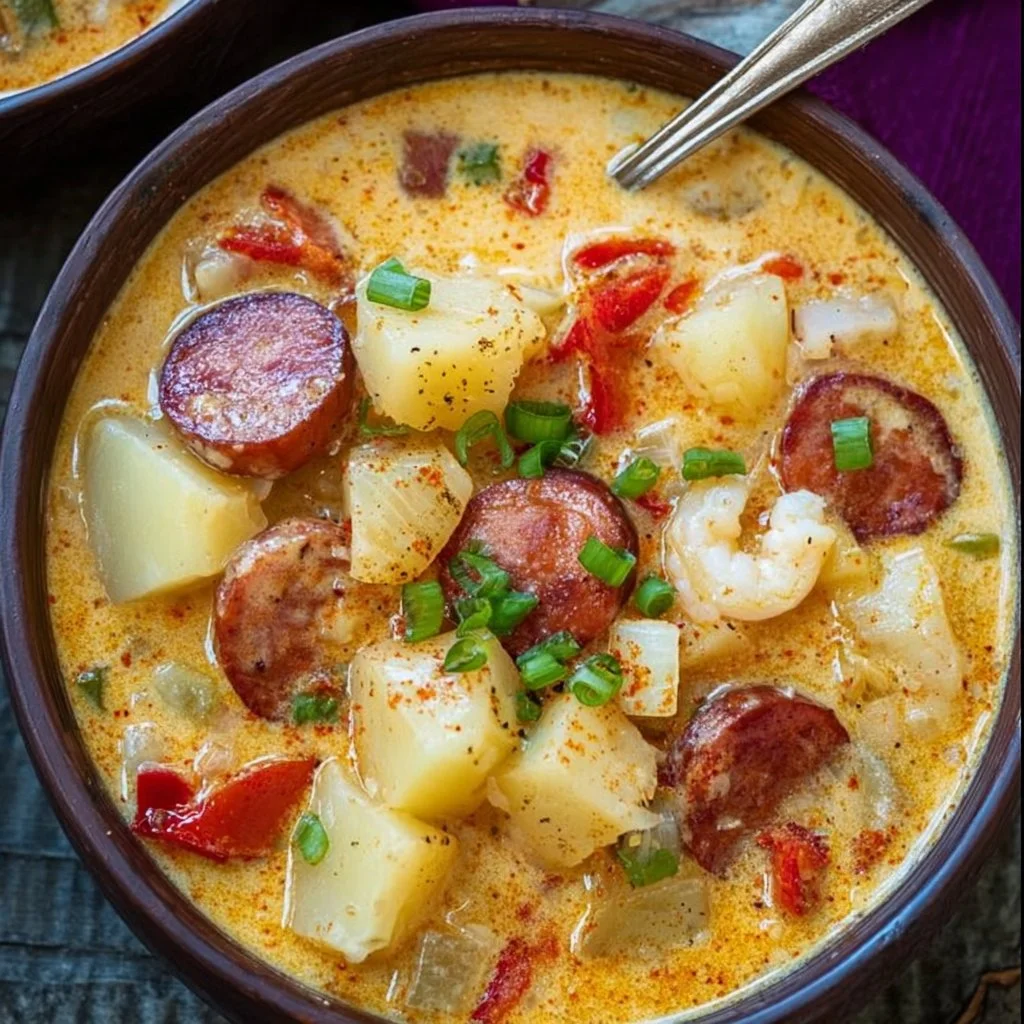 Bowl of flavorful Cajun Potato Soup garnished with herbs.