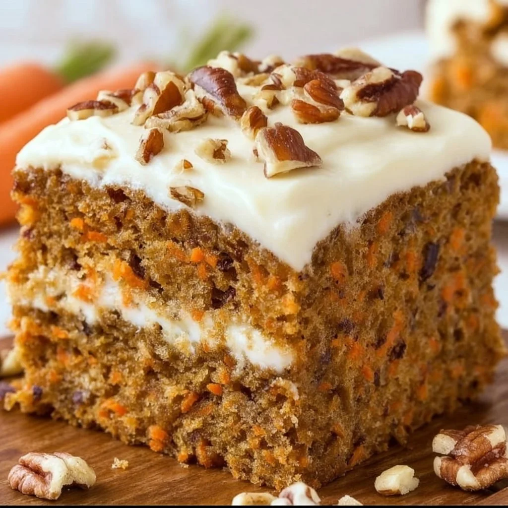 Delicious homemade carrot cake with cream cheese frosting and walnuts.