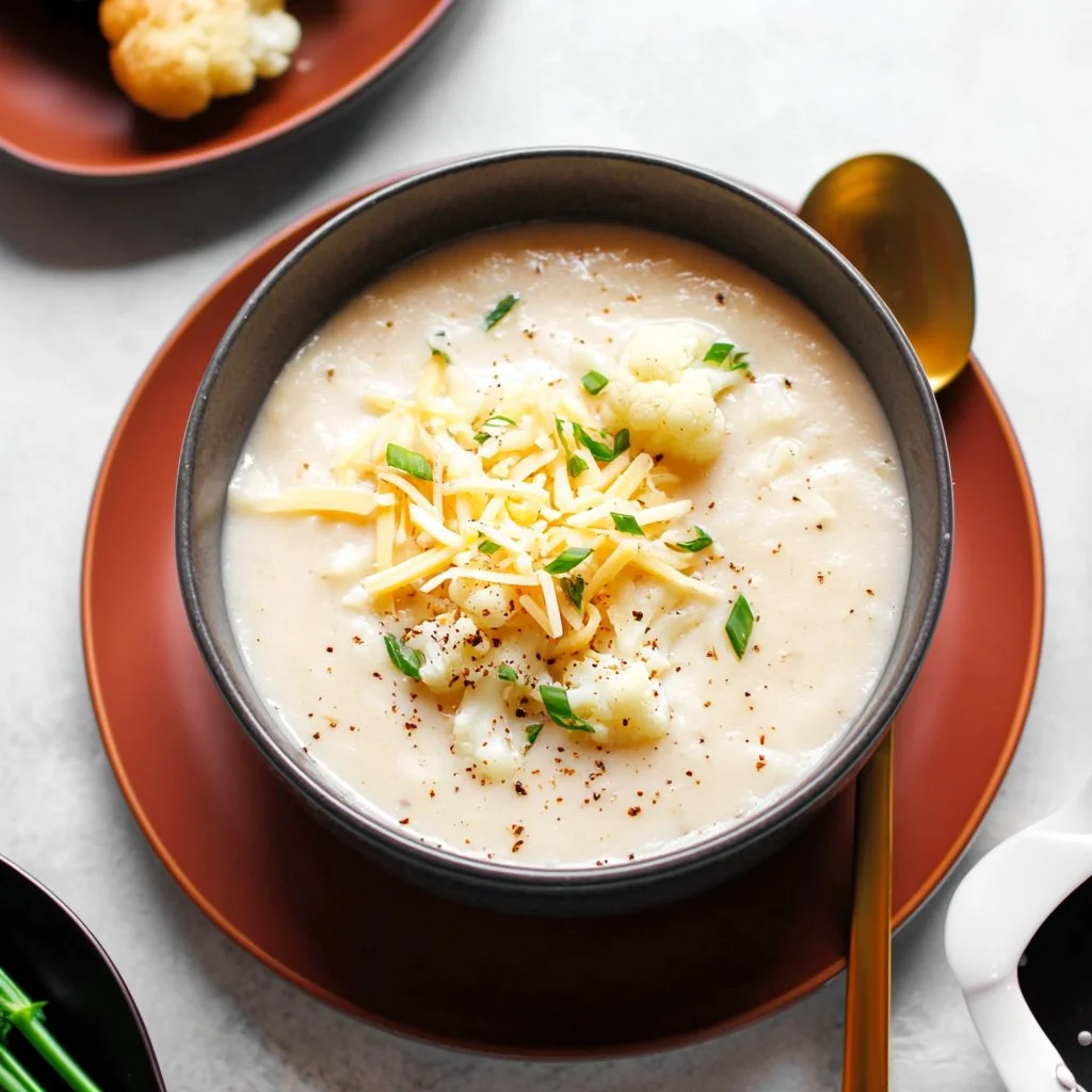 Creamy Cauliflower Potato Soup in a bowl garnished with herbs