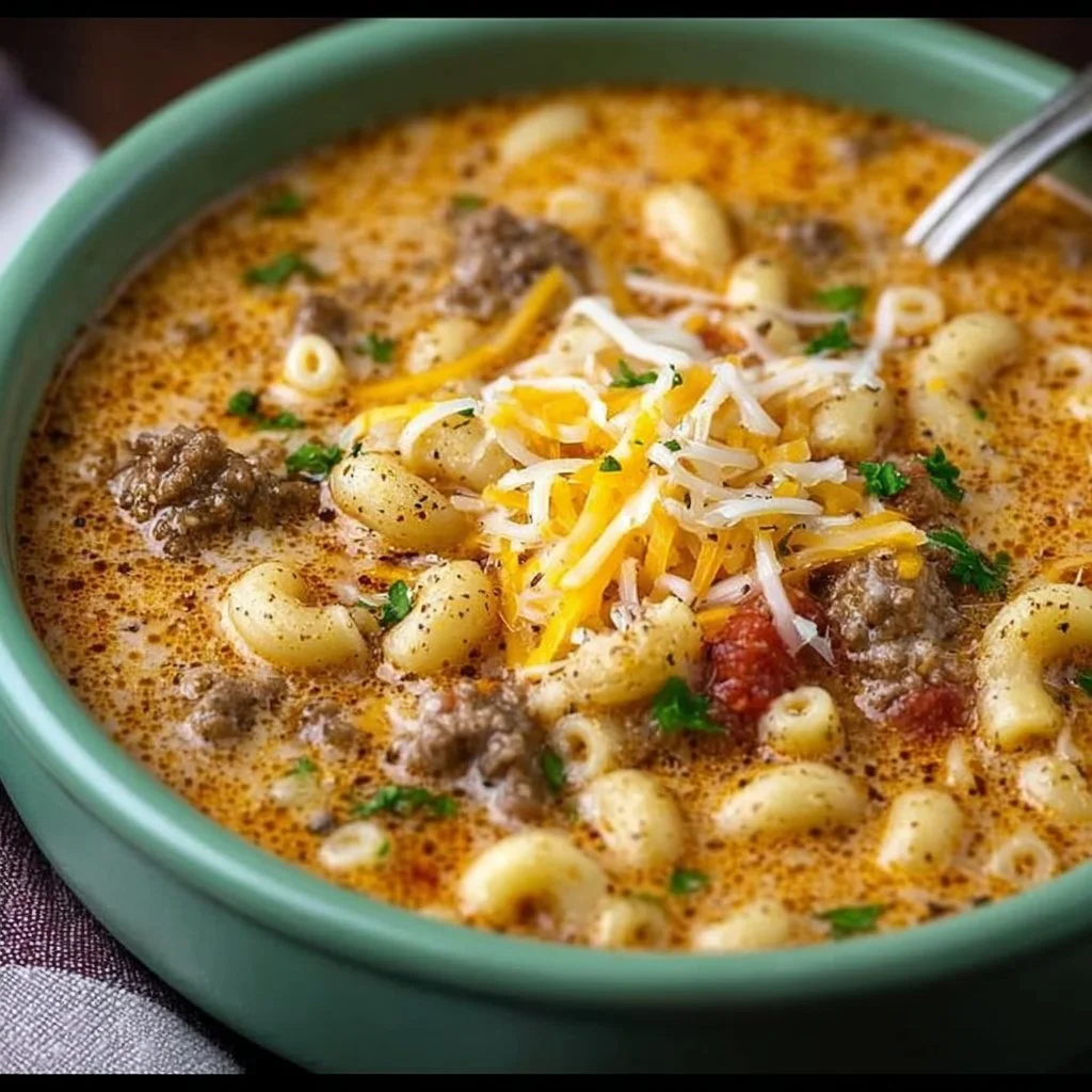 Delicious bowl of Cheeseburger Macaroni Soup topped with melted cheese and herbs