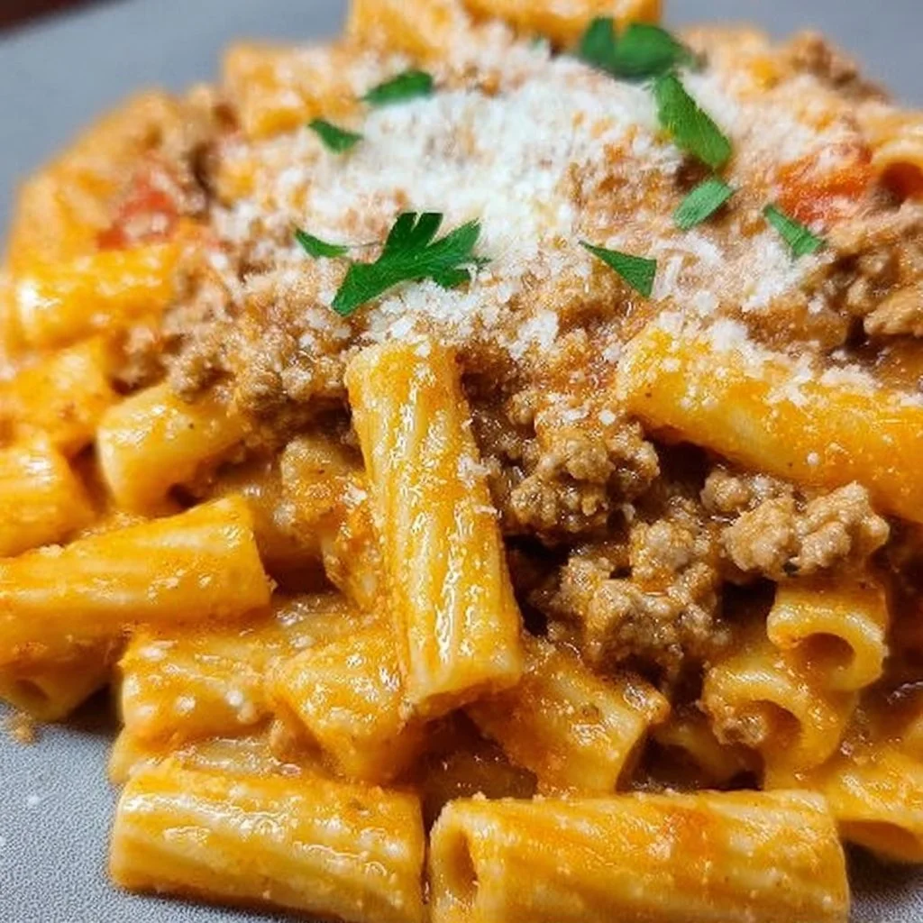 Cheesy ground turkey pasta served in a bowl with fresh herbs