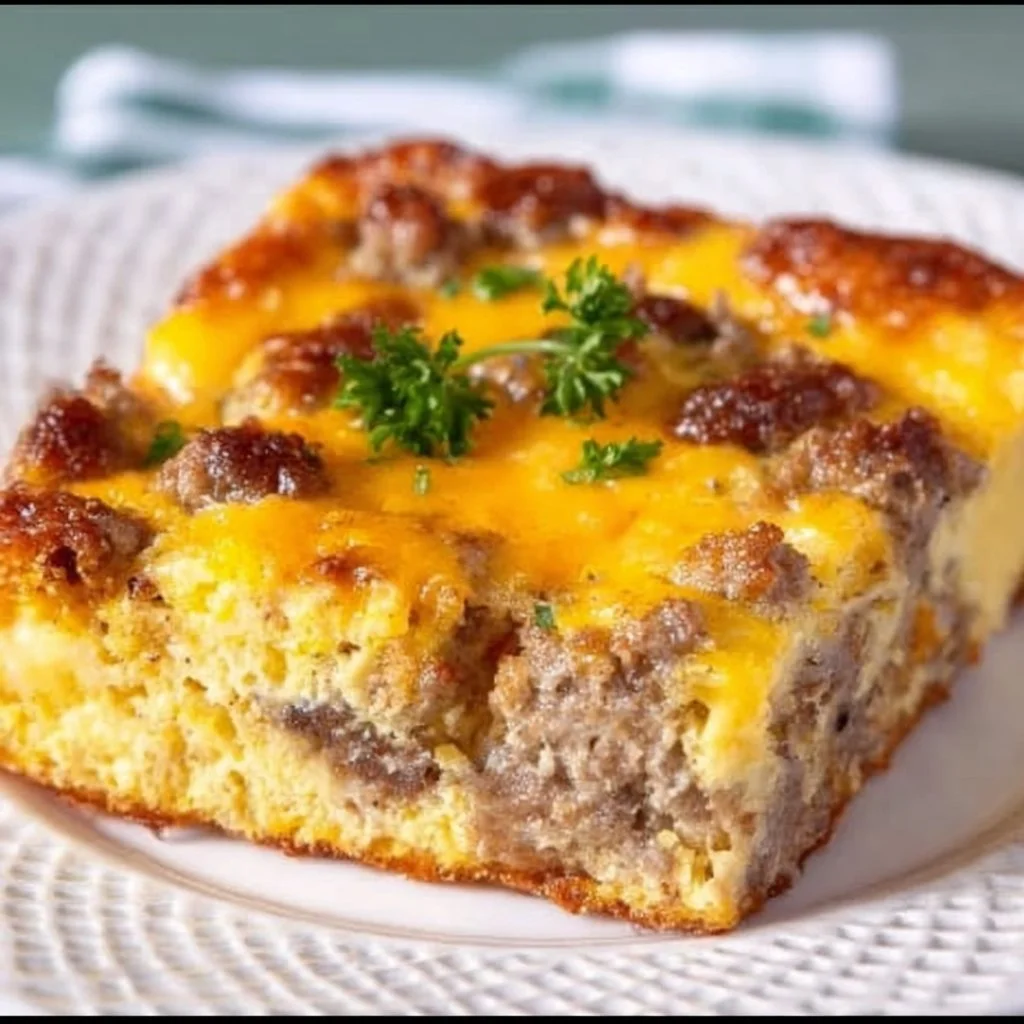 Delicious cheesy sausage breakfast casserole freshly baked and ready to serve.