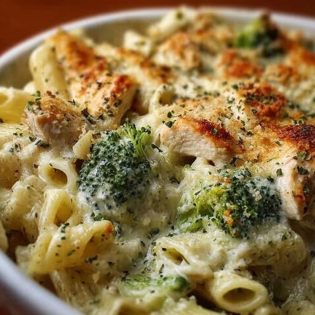 Delicious Chicken Broccoli Alfredo Bake served in a casserole dish