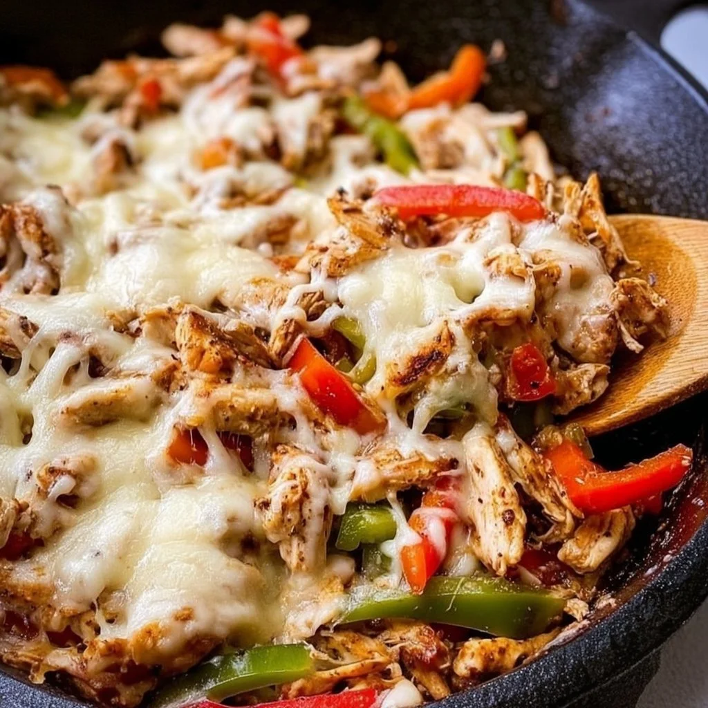 A delicious chicken cheesesteak skillet dish served in a pan.
