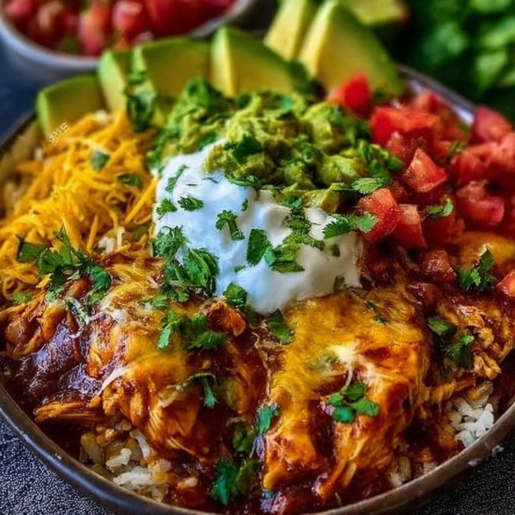 Delicious Chicken Enchilada Bowl with toppings and fresh ingredients