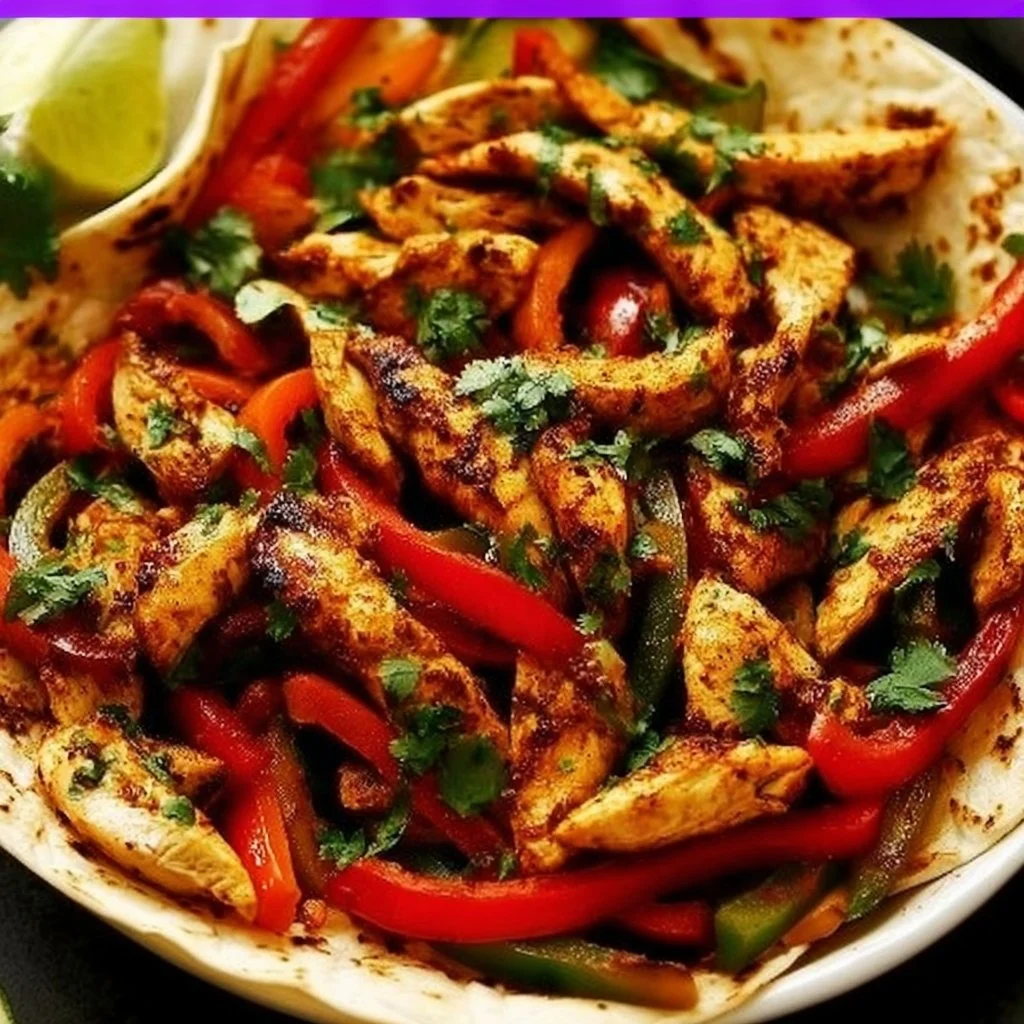 Delicious homemade chicken fajitas served with colorful bell peppers and tortillas