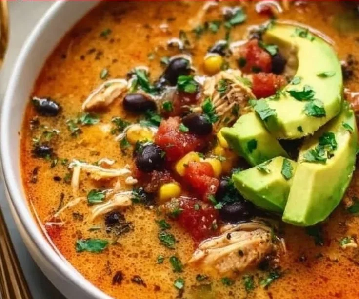 Delicious bowl of Chicken Taco Soup topped with fresh cilantro and lime slices