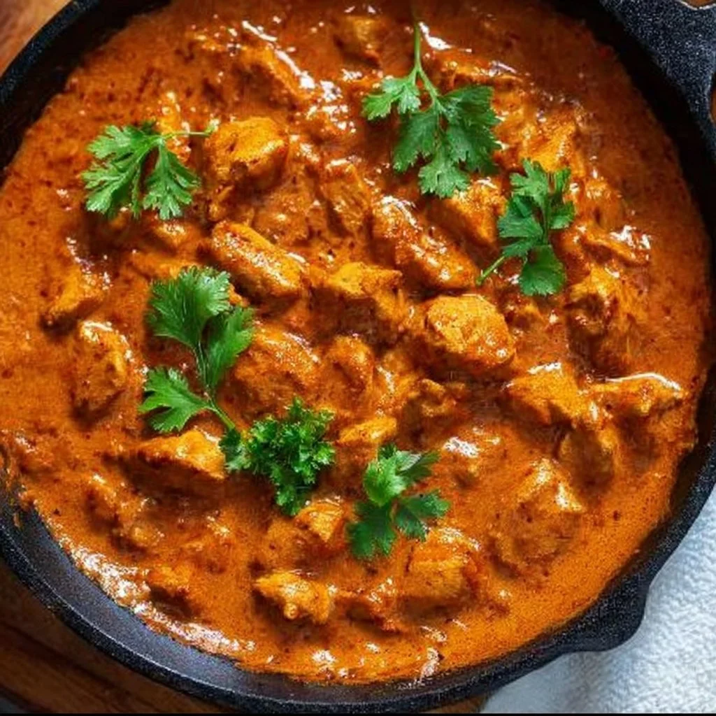 Delicious Chicken Tikka Masala served with basmati rice and naan bread.
