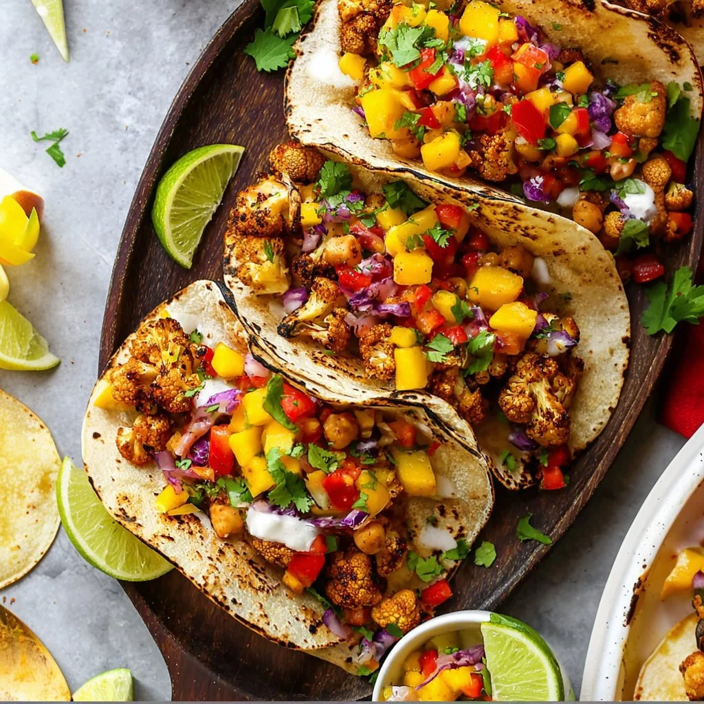 Chili Cauliflower Chickpea Tacos topped with fresh mango salsa