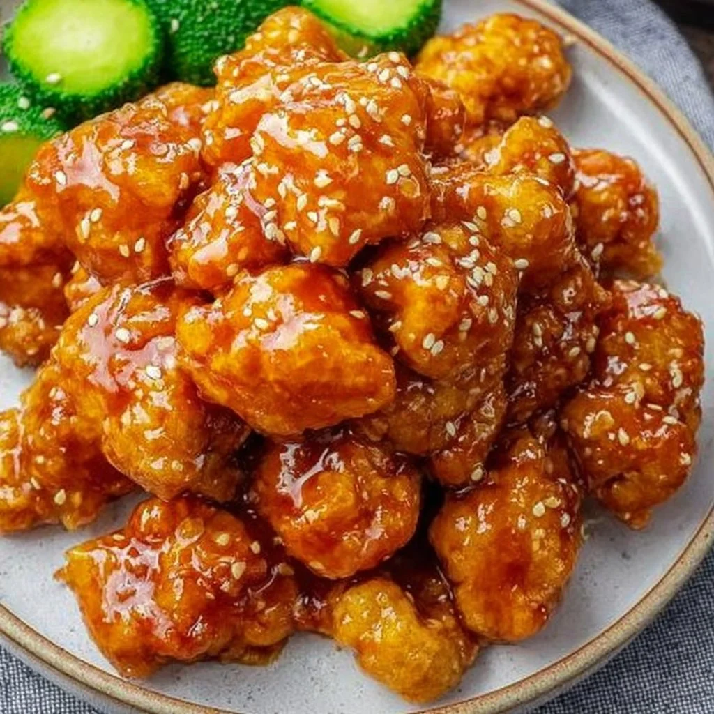 Plate of Chinese Honey Chicken garnished with sesame seeds and green onions