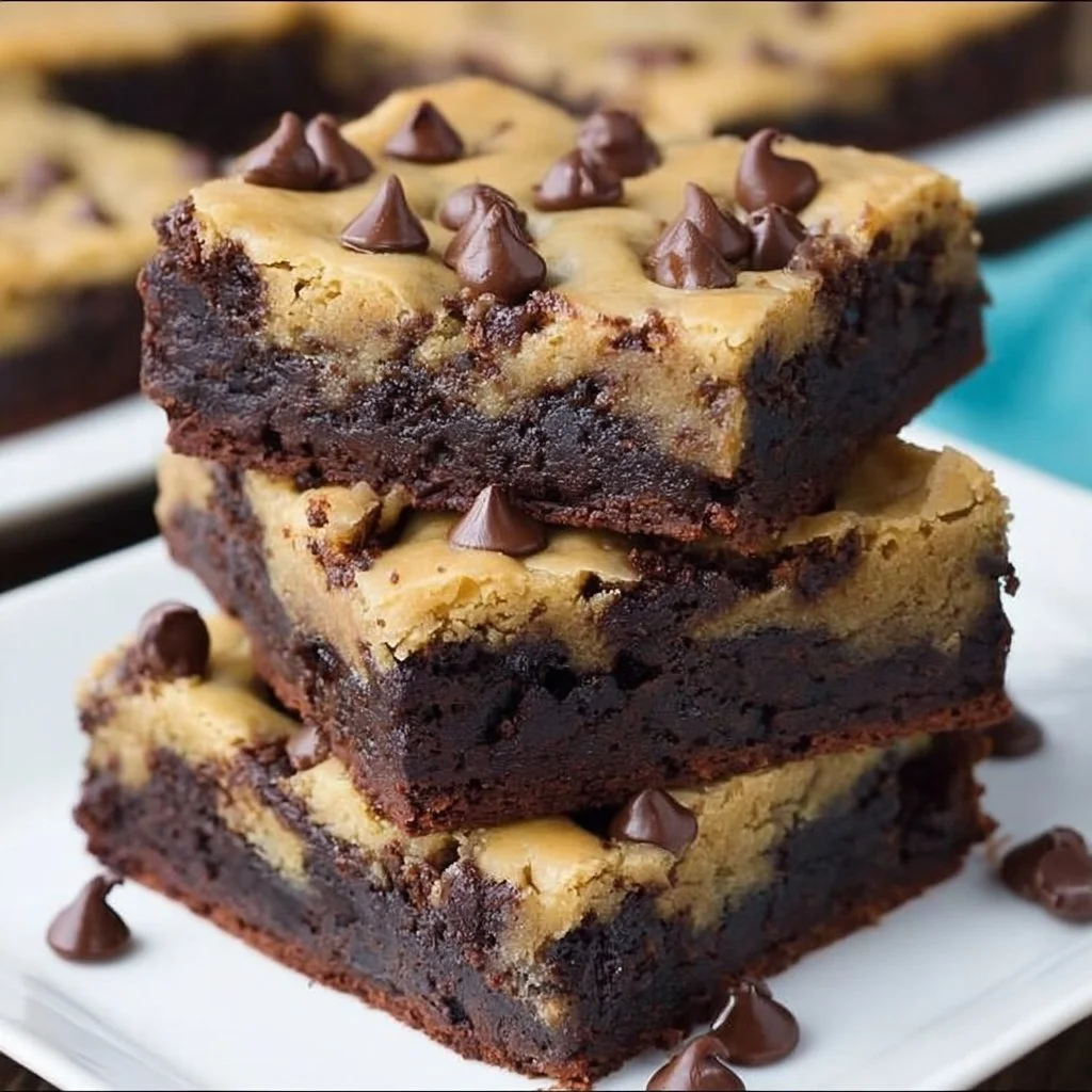 Delicious chocolate chip brownies topped with melted chocolate chips