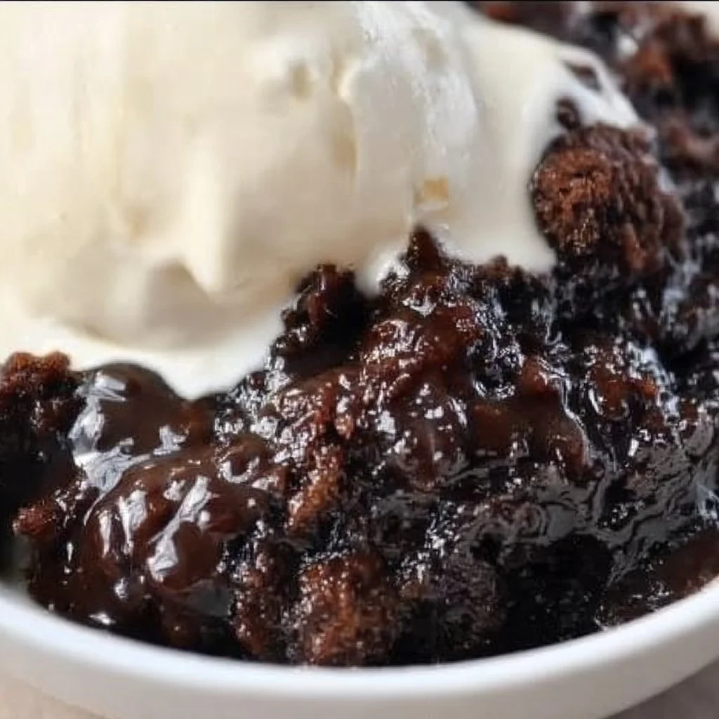Delicious chocolate cobbler dessert with melting chocolate sauce