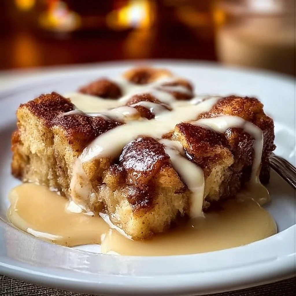 Delicious cinnamon roll bread pudding topped with icing and cinnamon dust.