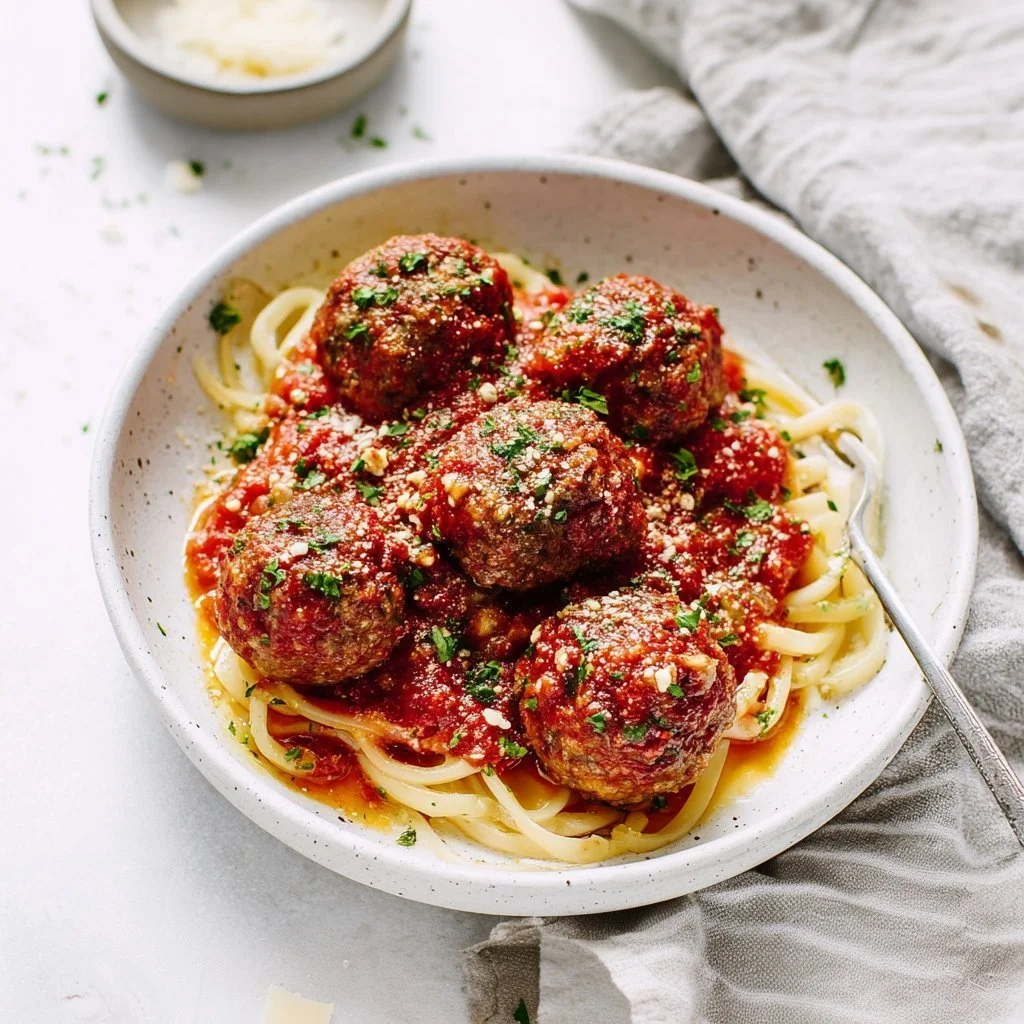Plate of classic Italian meatballs with marinara sauce and herbs