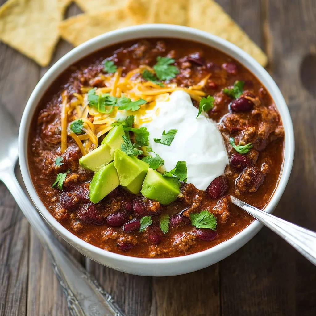 Bowl of classic slow cooker chili garnished with cilantro and cheese