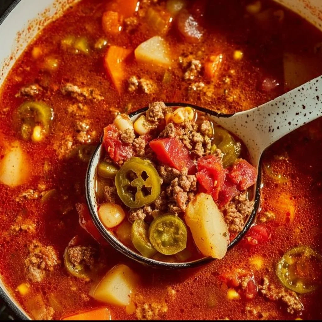 Bowl of Cowboy Soup filled with beans, vegetables, and spices.