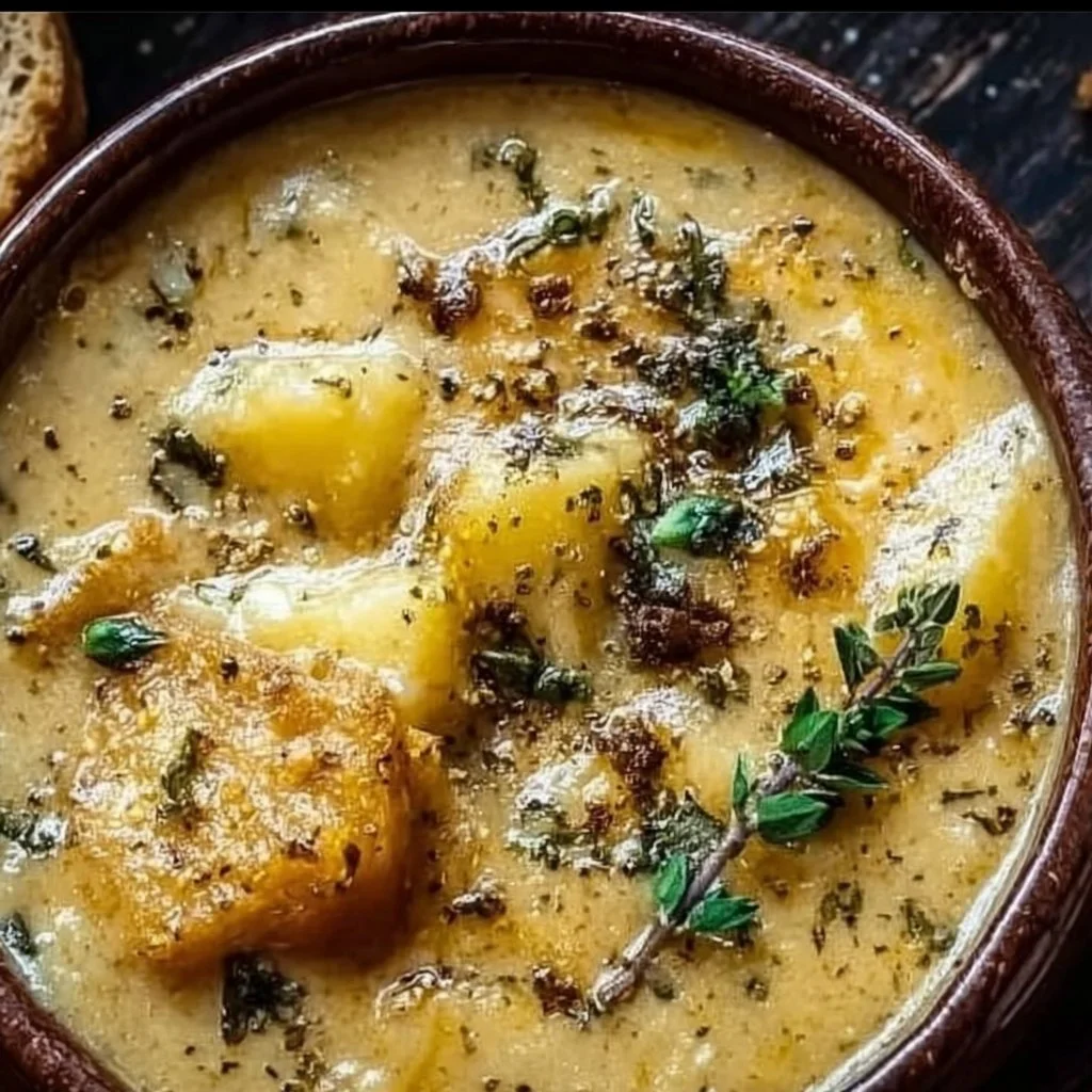 Bowl of cozy fall soup with vegetables and herbs