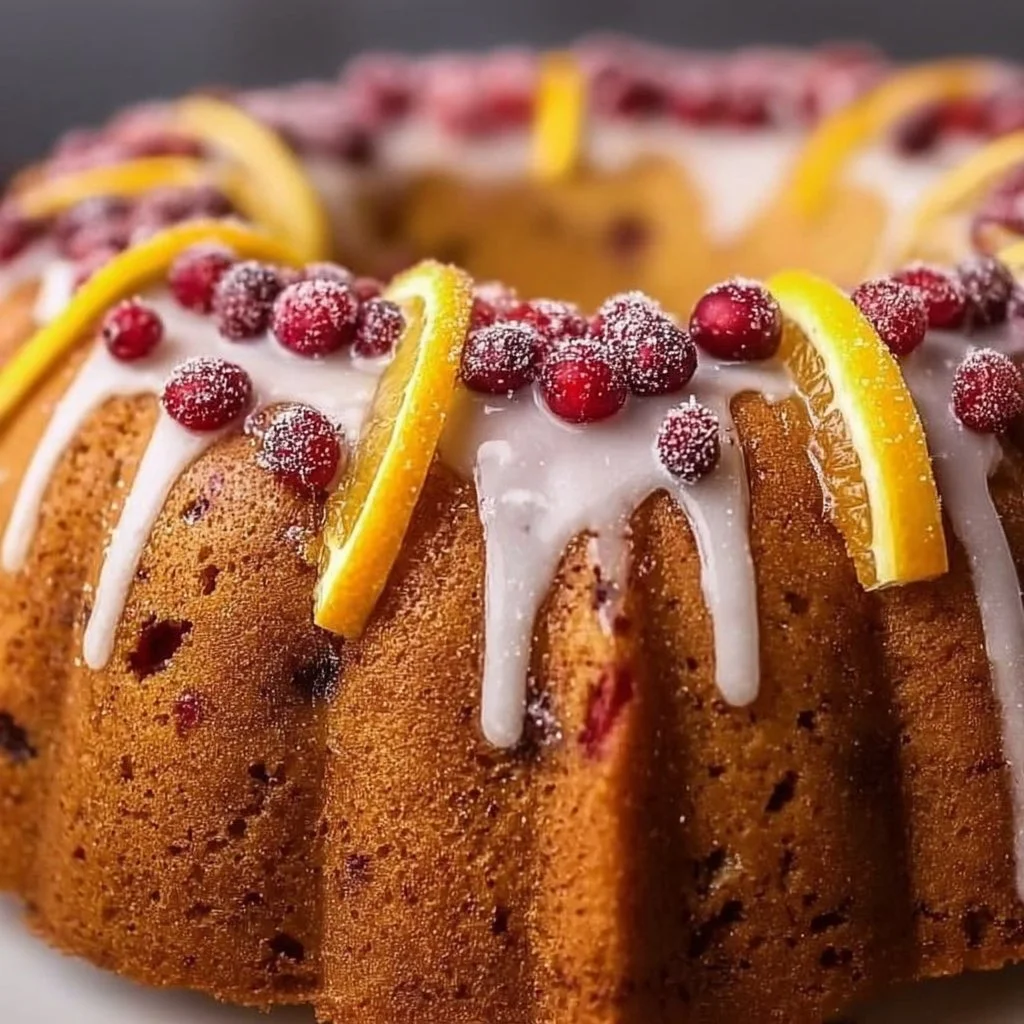 Cranberry Orange Bundt Cake topped with glaze and fresh cranberries