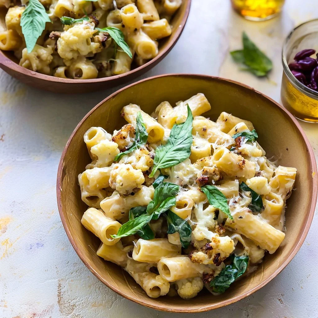 Creamy cauliflower pasta dish with fresh herbs and vegetables