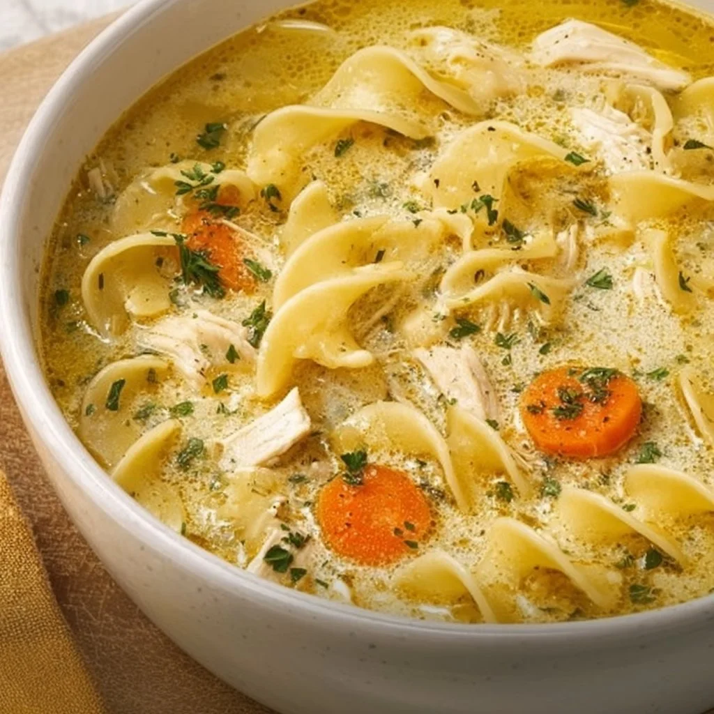 Bowl of creamy chicken noodle soup with fresh herbs and vegetables