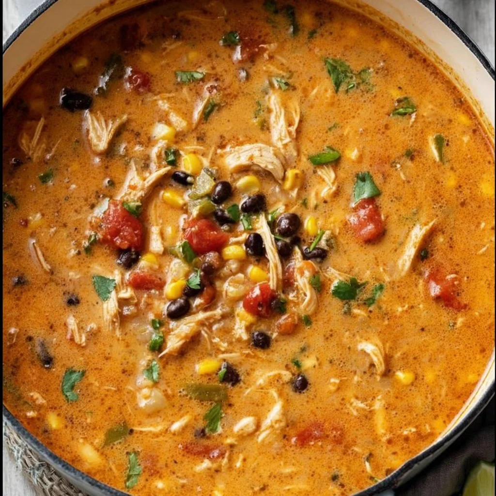 Bowl of creamy chicken tortilla soup garnished with tortilla strips and avocado