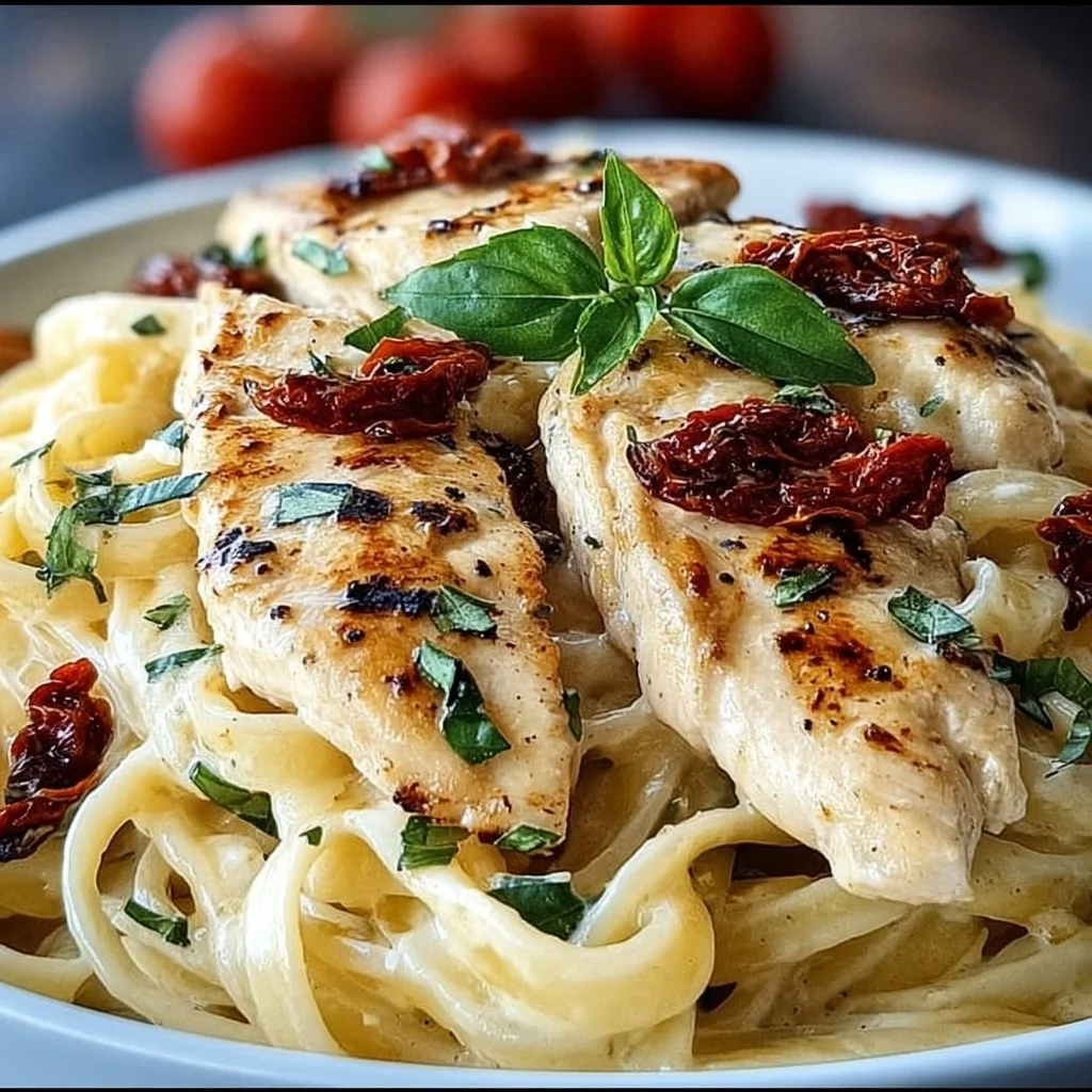 Creamy Fettuccine Alfredo topped with chicken and sundried tomatoes
