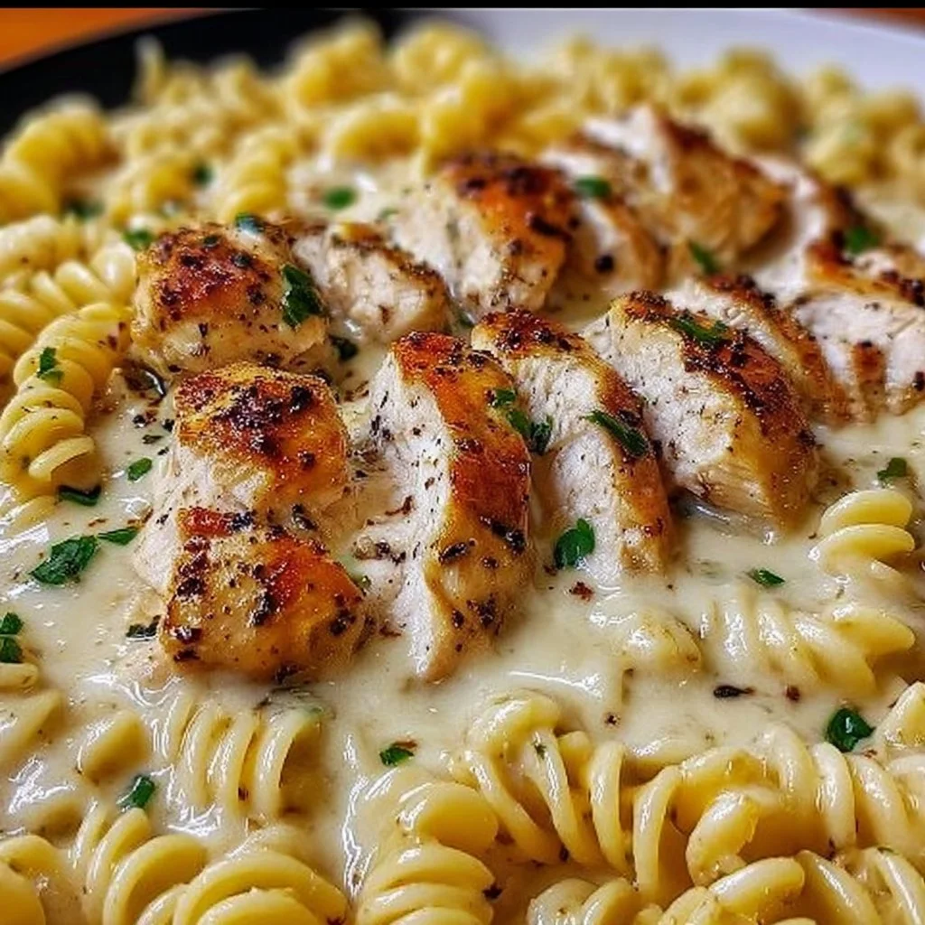 Creamy garlic butter chicken served with rotini in a Parmesan sauce.