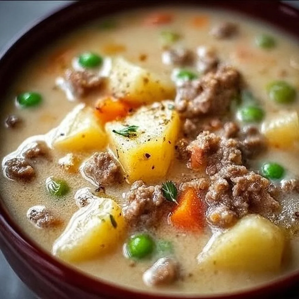 Bowl of creamy potato hamburger soup with vegetables and ground beef.