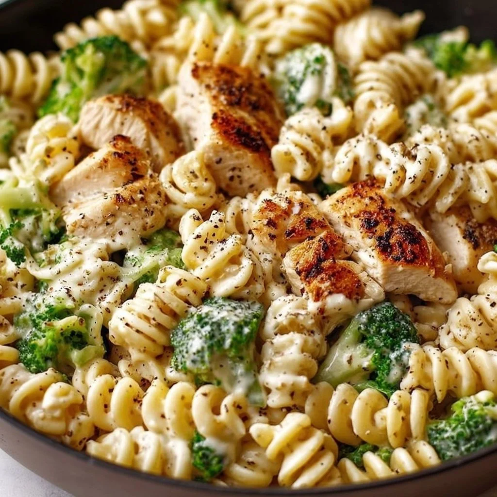 Creamy pasta with rotisserie chicken and broccoli in a bowl.