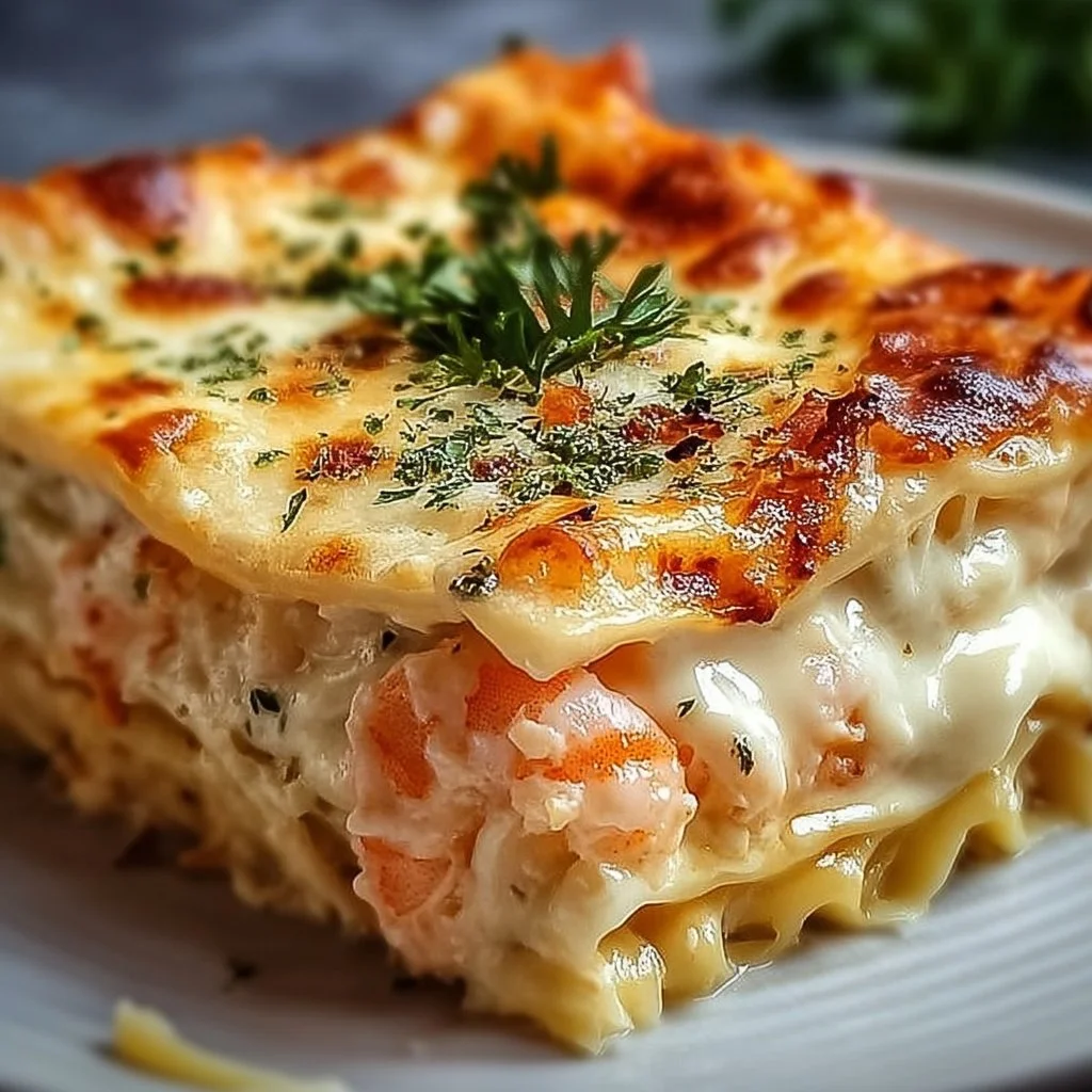 Delicious creamy shrimp lasagna ready to be served with fresh herbs on top.