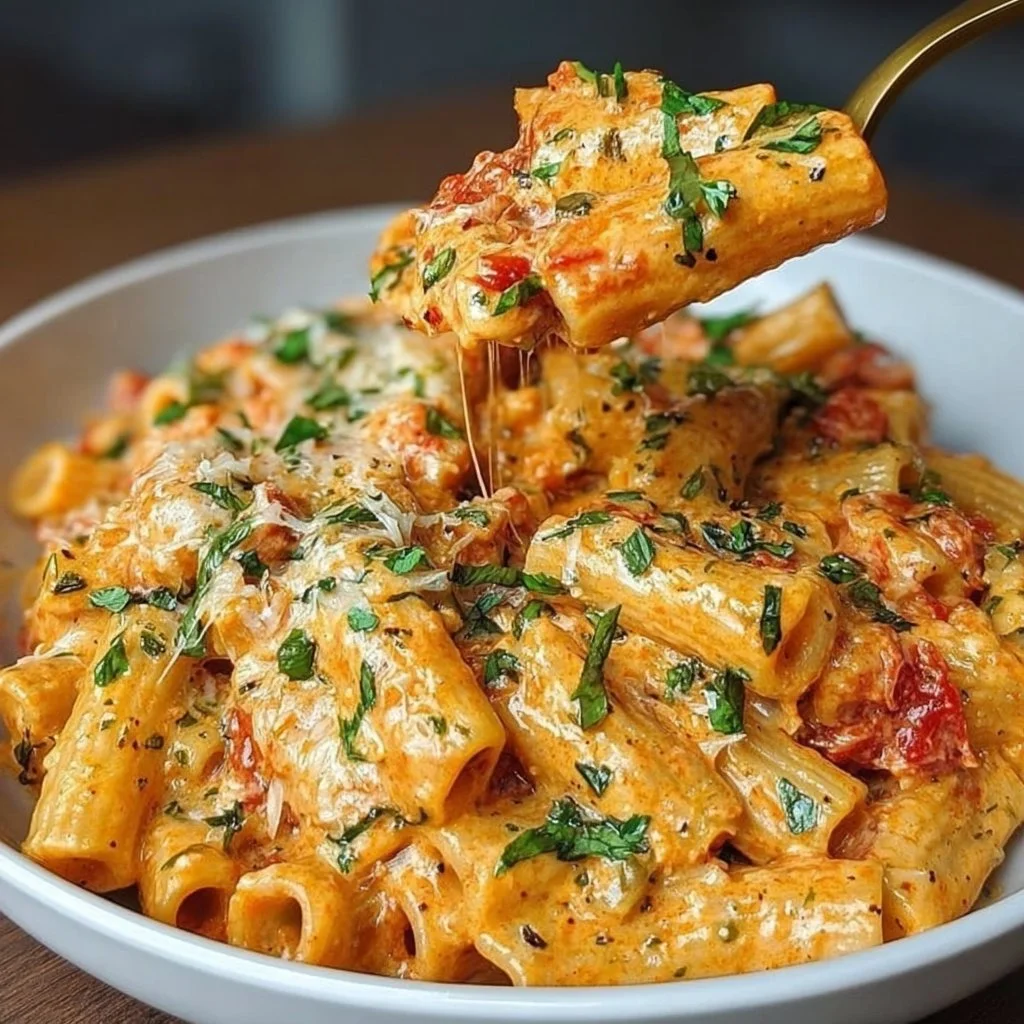 Creamy tomato garlic pasta dish with fresh ingredients